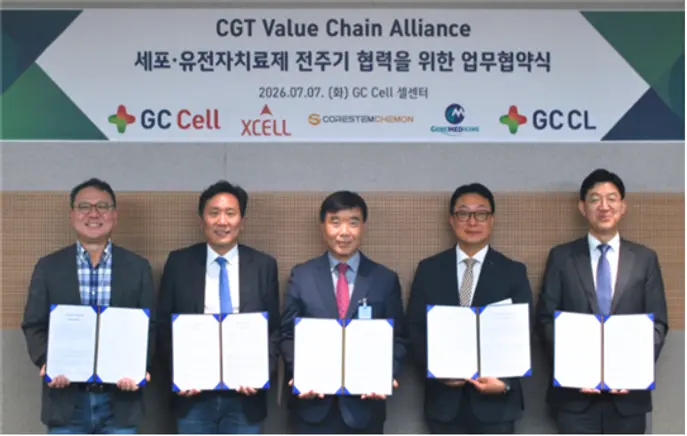 ▲사진. 왼쪽에서부터 원성용 지씨셀 대표, 이의일 엑셀세라퓨틱스 대표, 송시환 코아스템켐온 사장, 배원기 진메디신 전무, 조관구 지씨씨엘 대표.