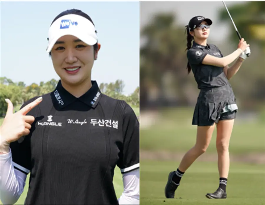 ▲박혜준 프로(왼쪽)가 유니폼의 ‘디클래시’ 로고를 가리키며 환하게 웃고 있다. 오른쪽은 스의 모습.