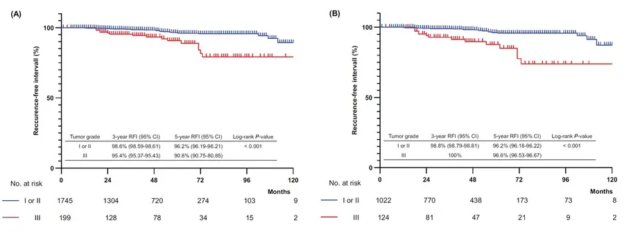 [그림1] 카플란-마이어 분석 생존곡선(Kaplan–Meier curves). 조직학적 등급에 따라 1등급과 2등급은 푸른색으로, 3등급은 붉은색으로 표현함. (A) 그래프는 전체 연구 대상 1,944명을 연구한 결과로, 조직학적 등급이 높으면 무재발 생존 기간이 상대적으로 줄어듦. (B) 그래프는 50세 이하 젊은 환자 1146명을 연구한 결과로, 이 역시 조직학적 등급이 높으면 무재발 생존 기간이 상대적으로 줄어들었음.