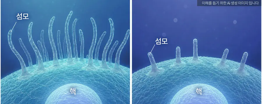 [그림] 자폐 관련 유전자 쌍 중 하나만 변이될 때(좌)와 둘 다 변이될 때(우) 섬모 길이 차이 유전자 쌍이 함께 변이될 때 세포 표면의 섬모 형성이 뚜렷하게 감소했다.