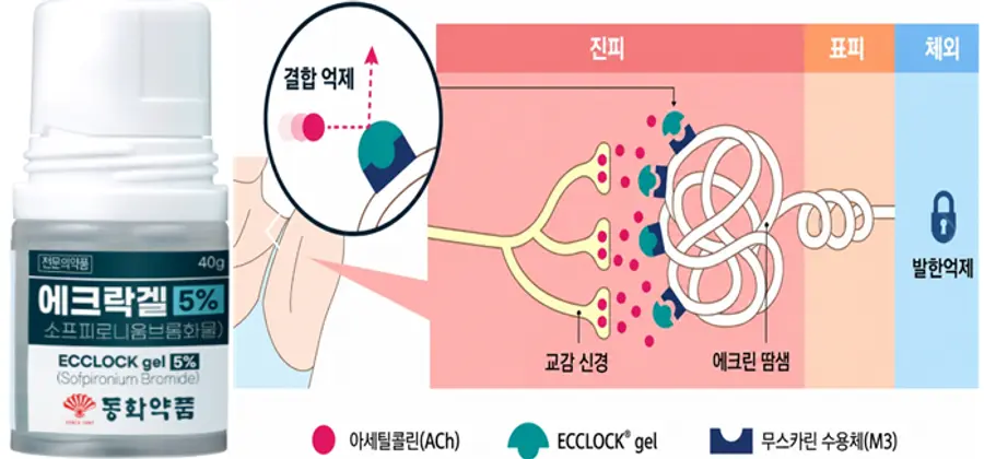 ▲에크락겔 제품/에크락겔의 발한 억제 작용기전.