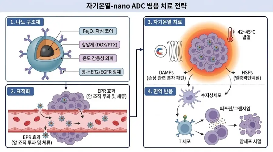 [그림2] 자기온열-nano ADC 병용 치료의 작용 기전. 외부 자기장 자극(42~45℃)으로 약물 방출과 항암 면역 반응을 동시에 유도하는 원리